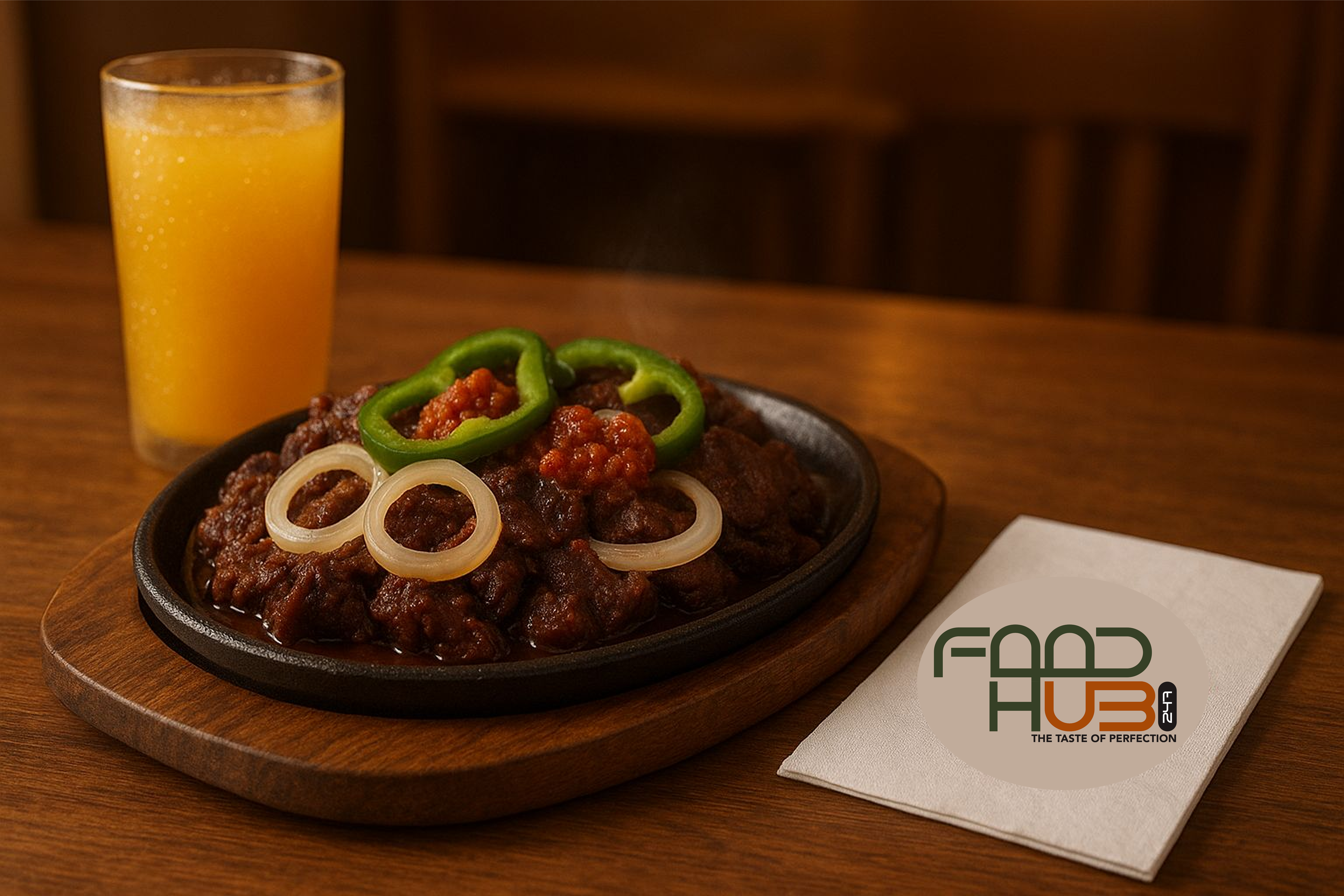 FoodHub247 branded dish served on a sizzling plate