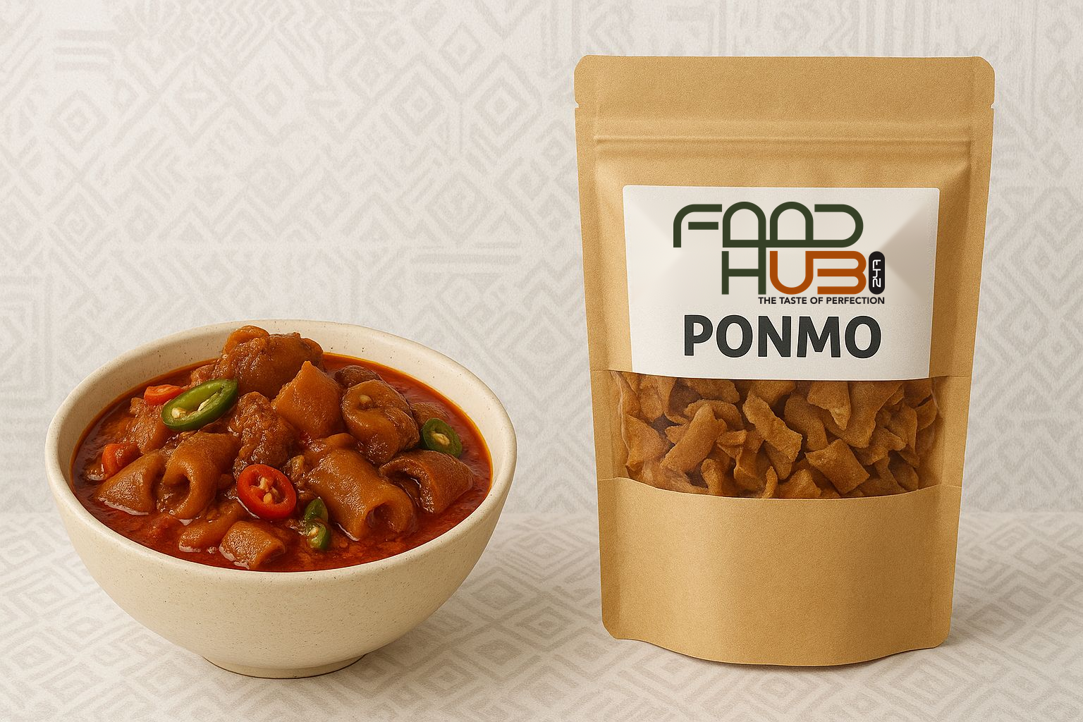 FoodHub247 ponmo pack and cooked ponmo stew